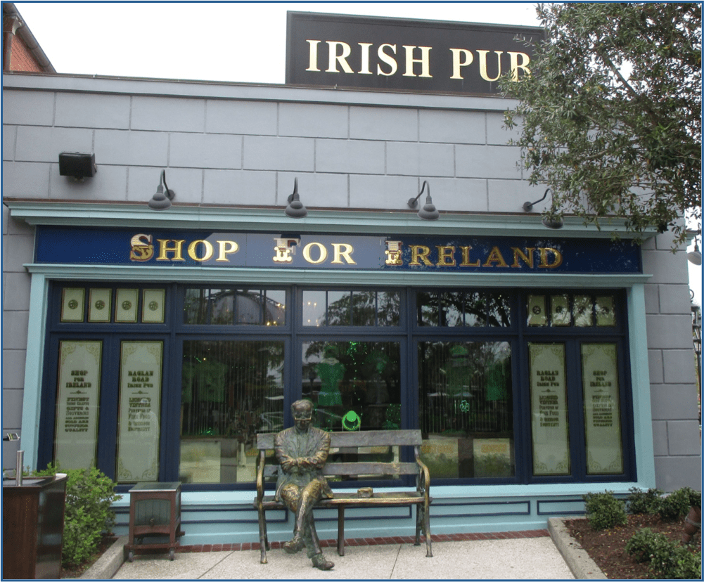 Description: Irish Pub sign and bronze man